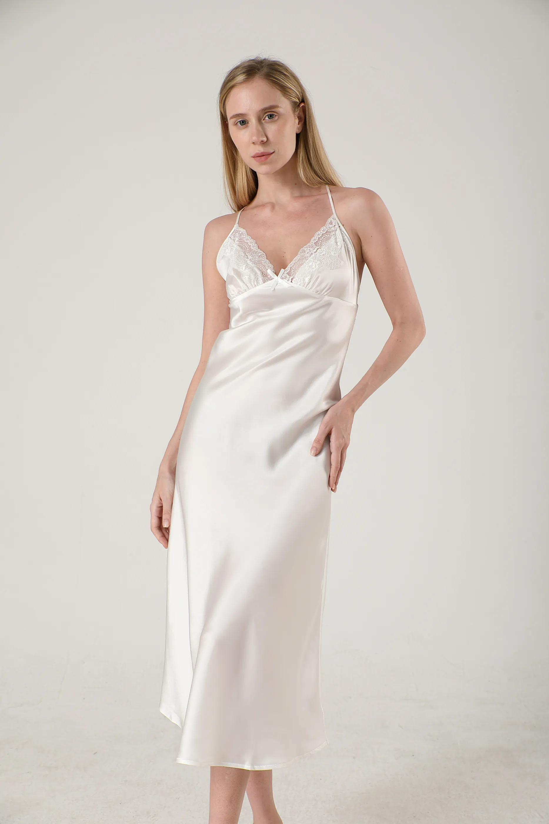 Elegant Lace Long Silk Nightgown Midi Slip Dress Plain Color