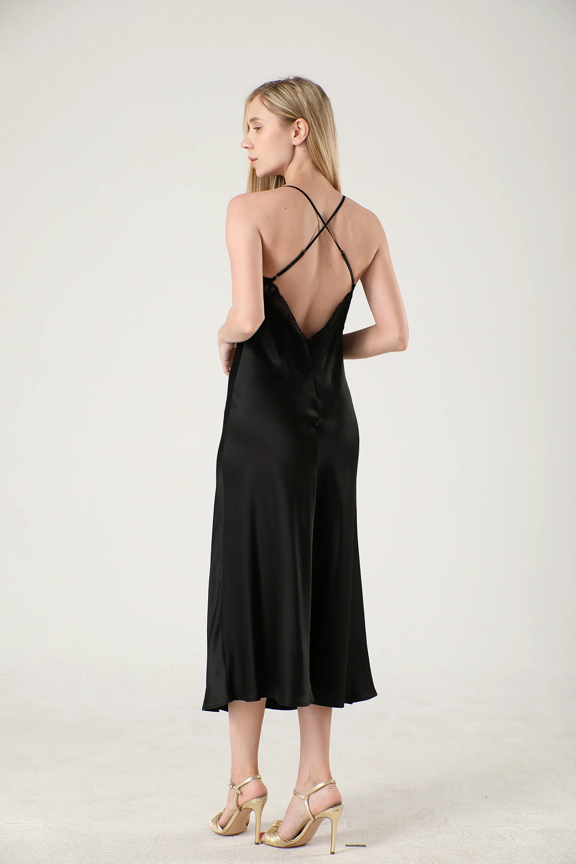 Elegant Lace Long Silk Nightgown Midi Slip Dress Plain Color