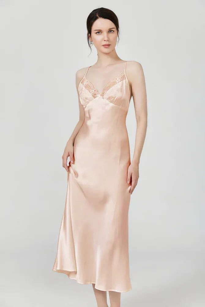 Elegant Lace Long Silk Nightgown Midi Slip Dress Plain Color