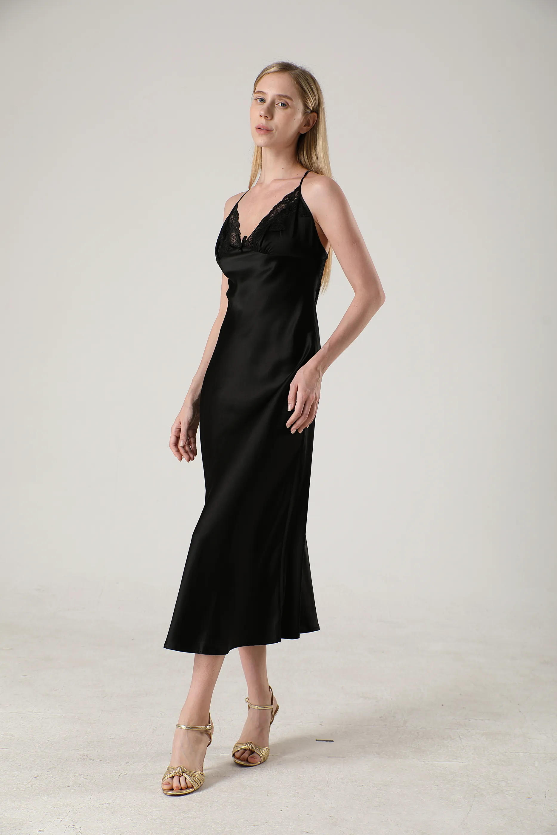 Elegant Lace Long Silk Nightgown Midi Slip Dress Plain Color