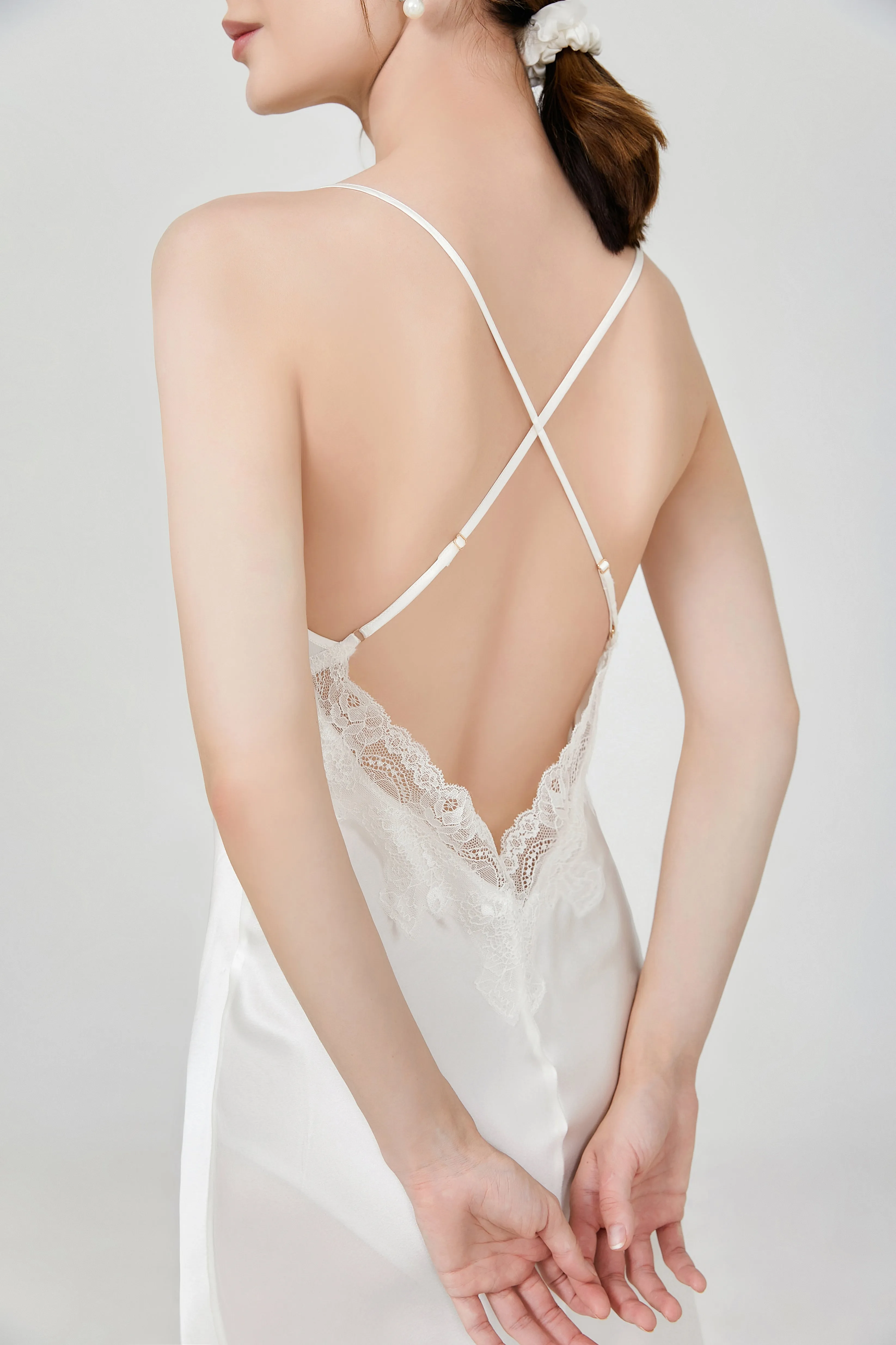 Elegant Lace Long Silk Nightgown Midi Slip Dress Plain Color