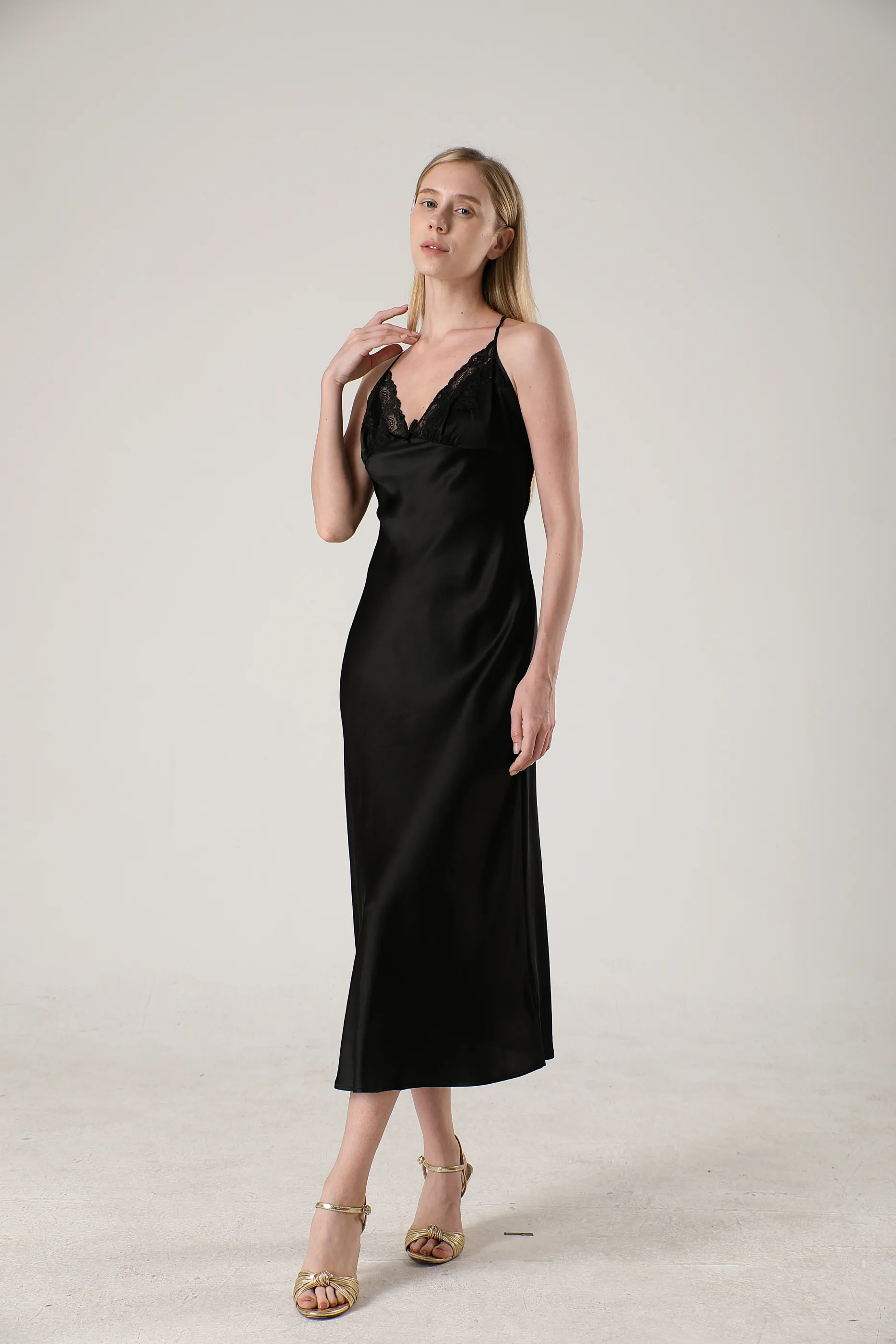 Elegant Lace Long Silk Nightgown Midi Slip Dress Plain Color