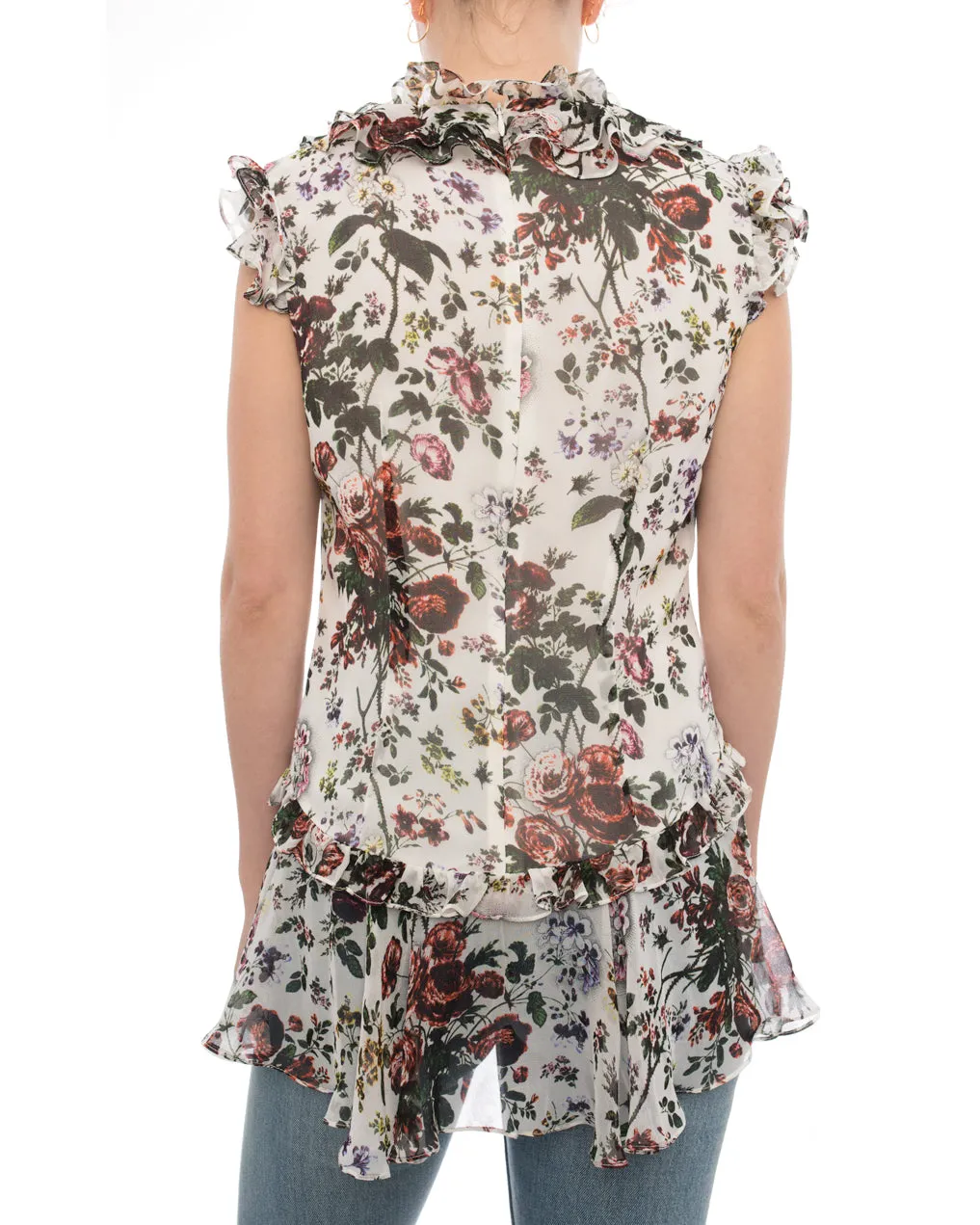 Erdem White Floral Print Ruffle Silk Top - S
