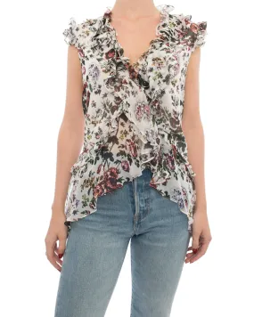 Erdem White Floral Print Ruffle Silk Top - S