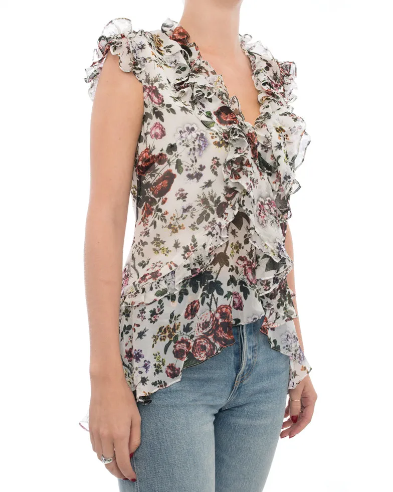 Erdem White Floral Print Ruffle Silk Top - S