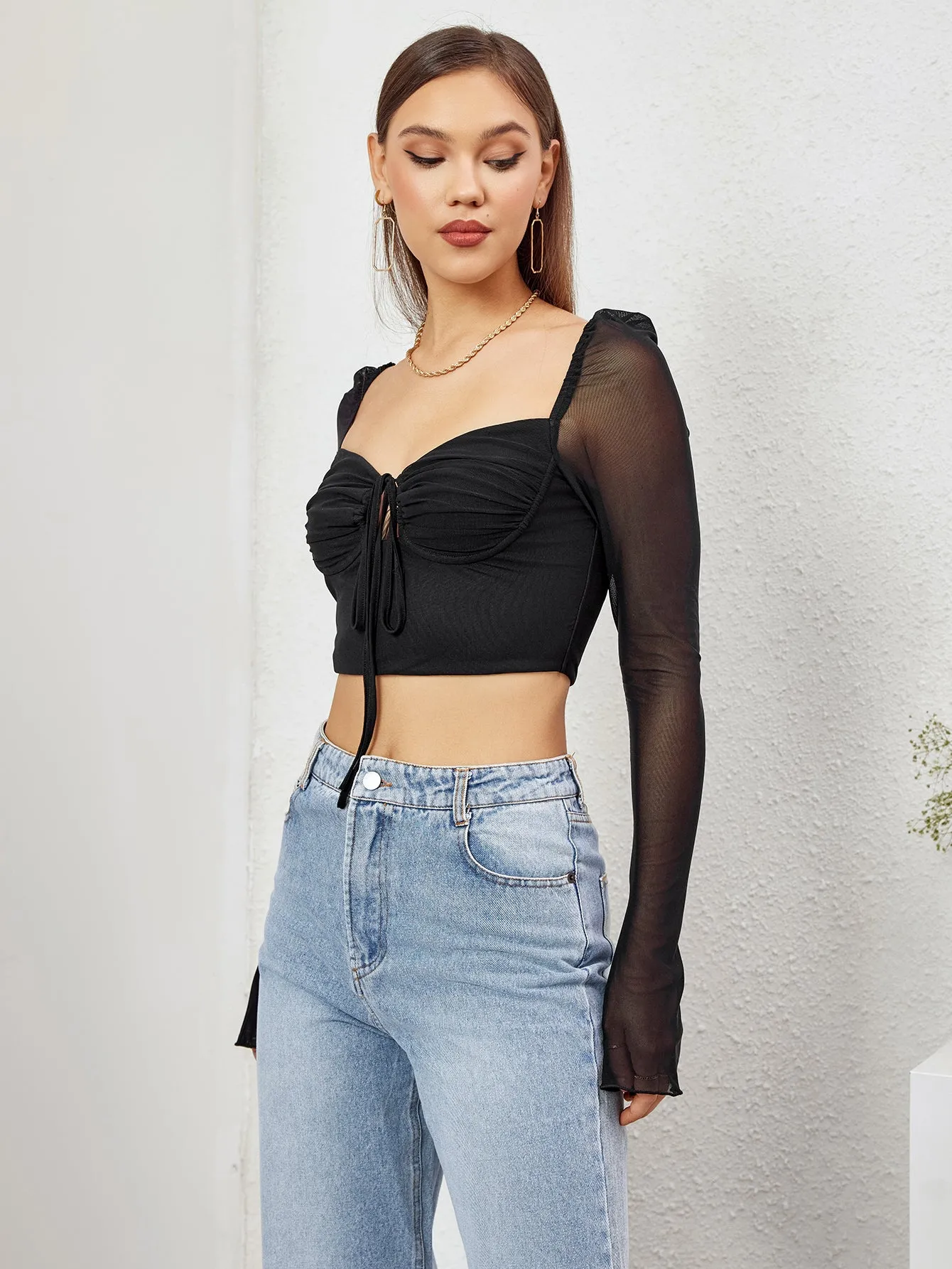 Flounce Sleeve Ruched Bust Zipper Back Crop Top