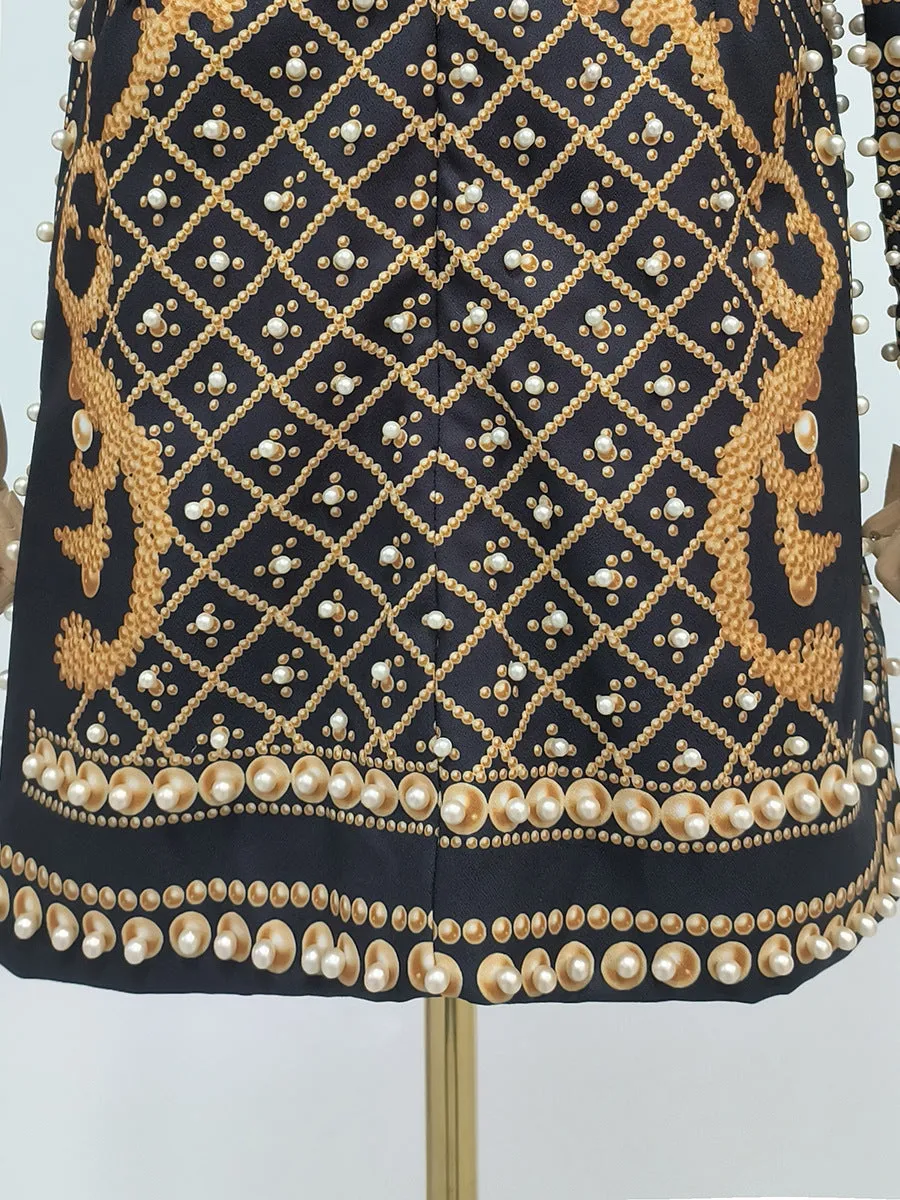 French Retro One Shoulder Printed Beaded Short Party Dress