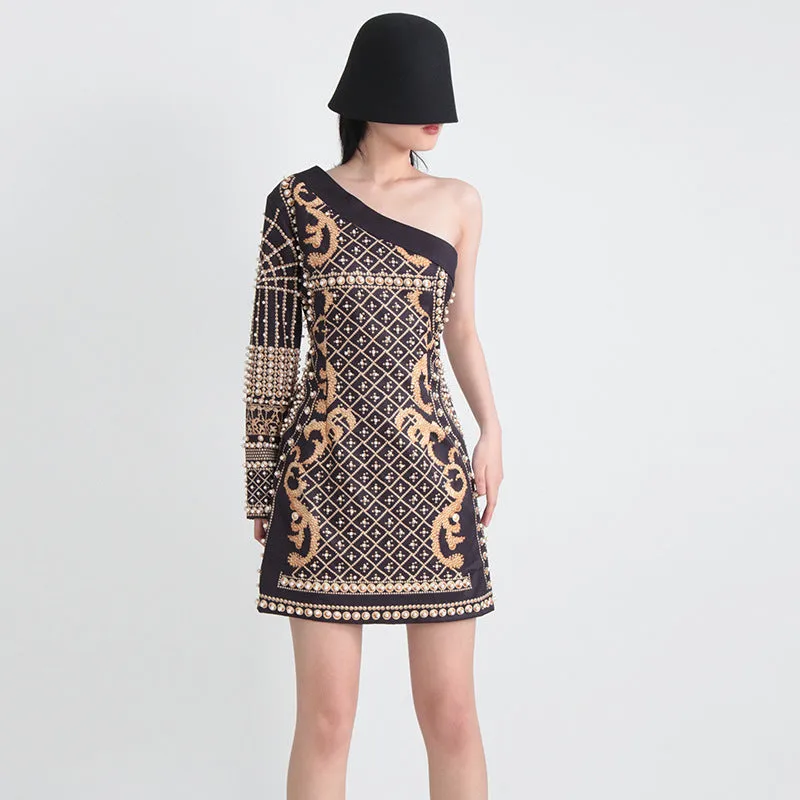 French Retro One Shoulder Printed Beaded Short Party Dress
