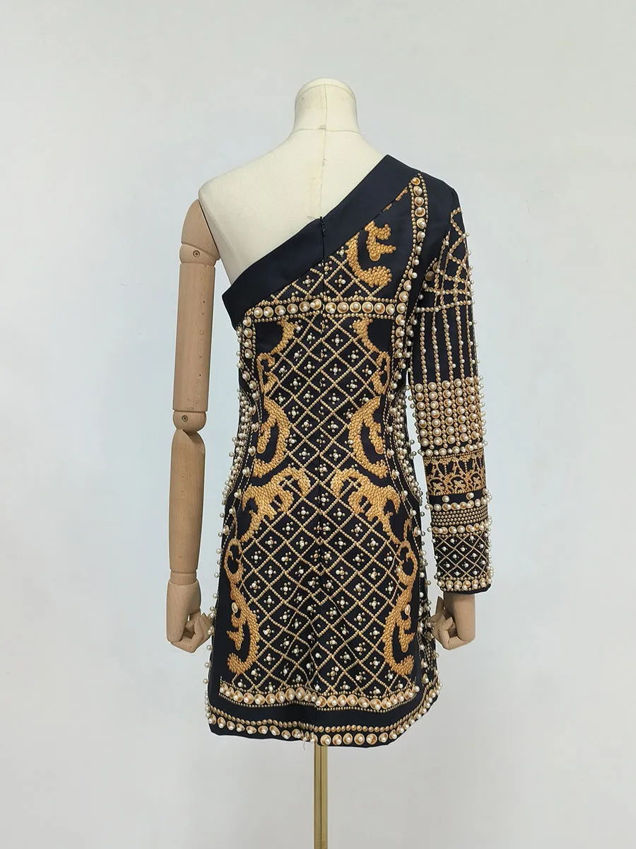 French Retro One Shoulder Printed Beaded Short Party Dress
