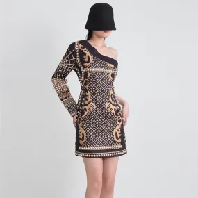 French Retro One Shoulder Printed Beaded Short Party Dress