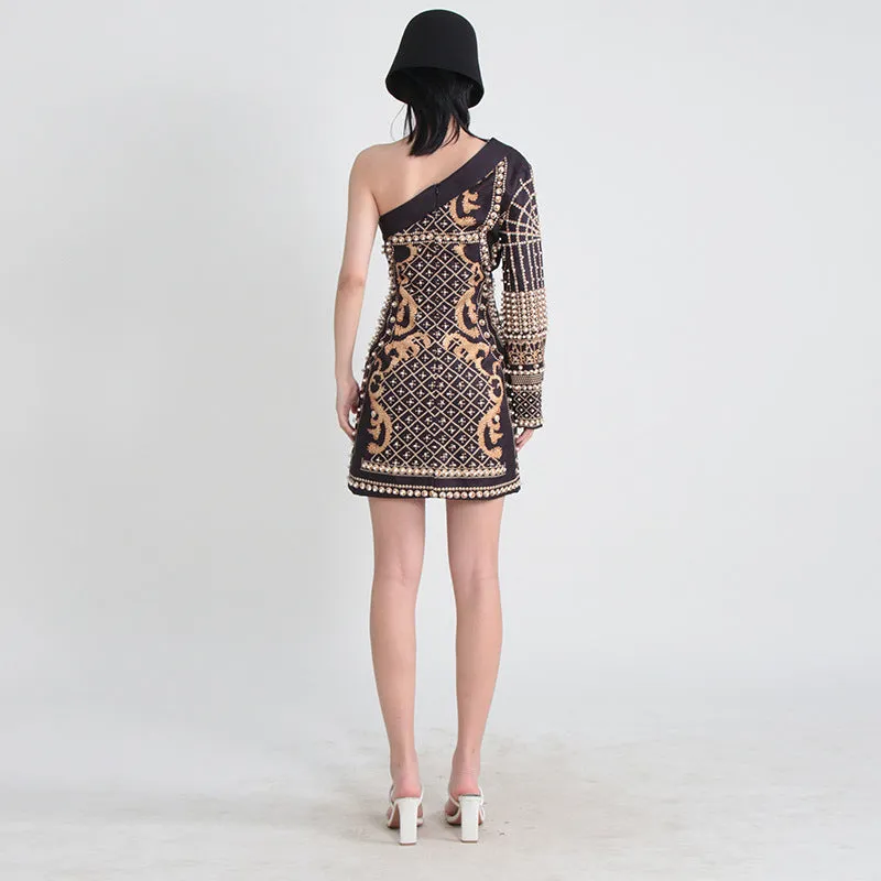 French Retro One Shoulder Printed Beaded Short Party Dress