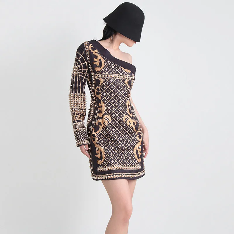 French Retro One Shoulder Printed Beaded Short Party Dress