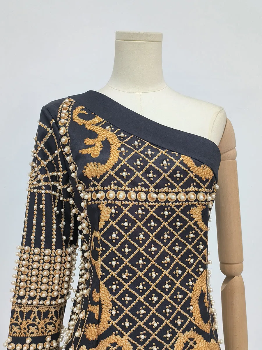 French Retro One Shoulder Printed Beaded Short Party Dress
