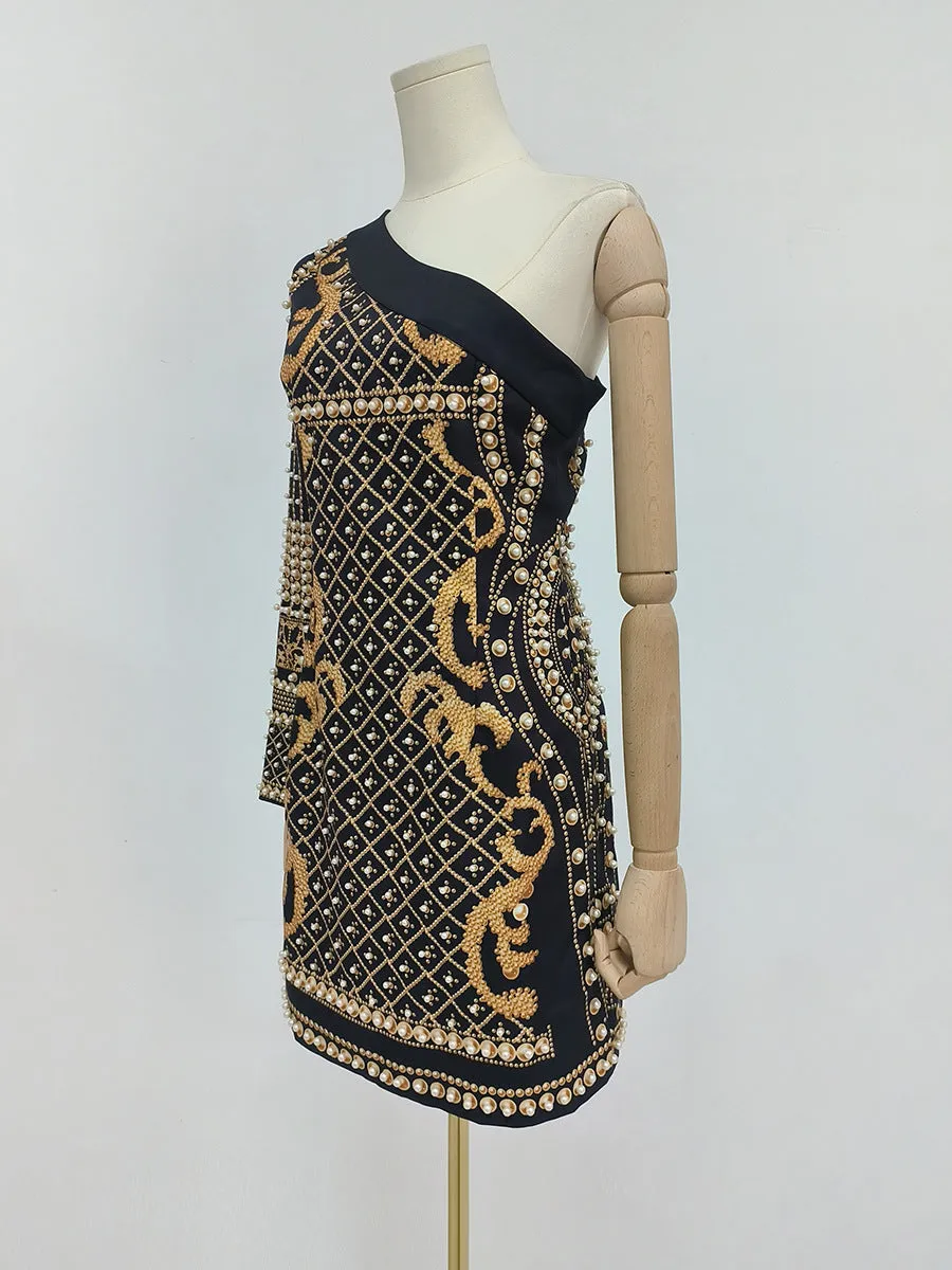 French Retro One Shoulder Printed Beaded Short Party Dress