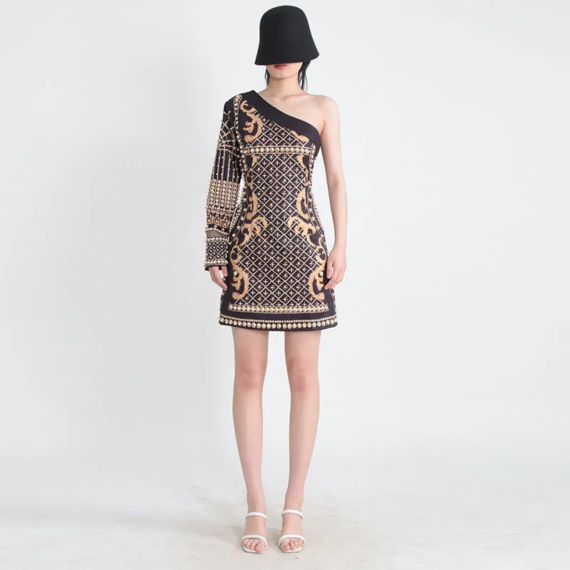 French Retro One Shoulder Printed Beaded Short Party Dress