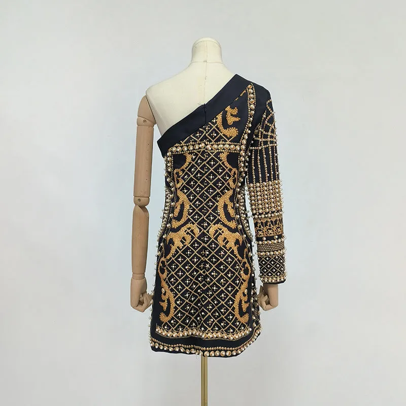 French Retro One Shoulder Printed Beaded Short Party Dress