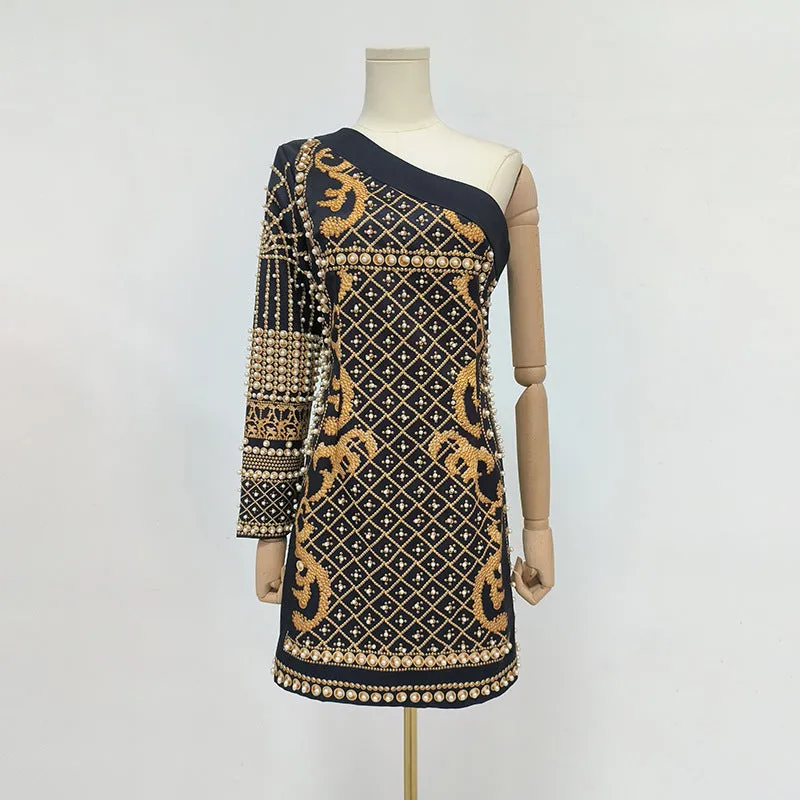 French Retro One Shoulder Printed Beaded Short Party Dress