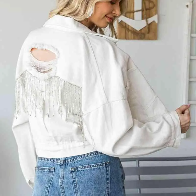 Fringe Detail Cropped Distressed Denim Jacket