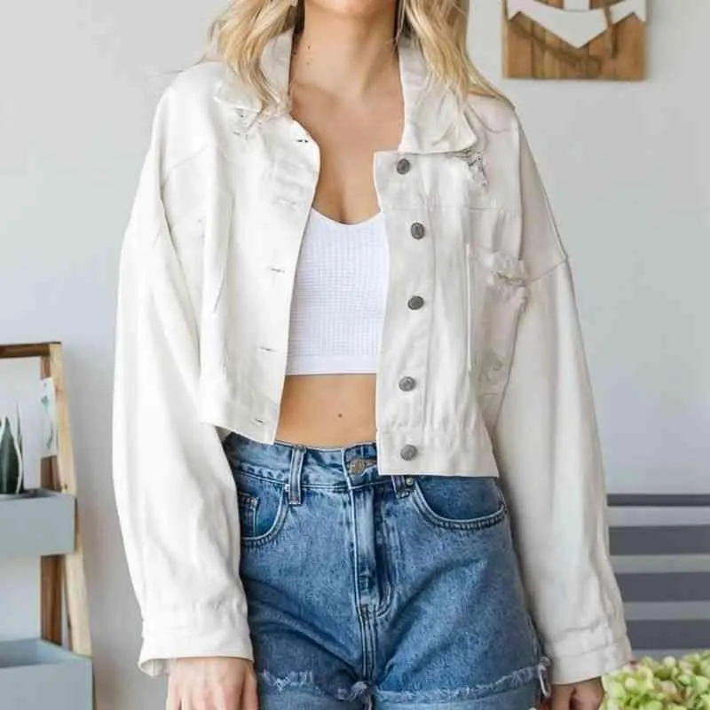 Fringe Detail Cropped Distressed Denim Jacket