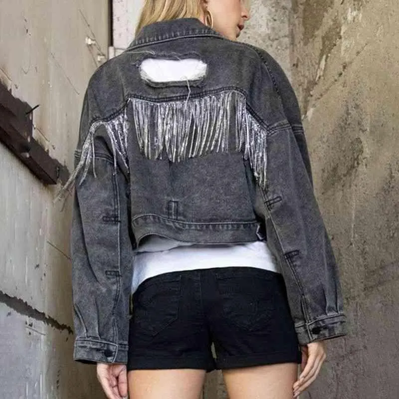 Fringe Detail Cropped Distressed Denim Jacket