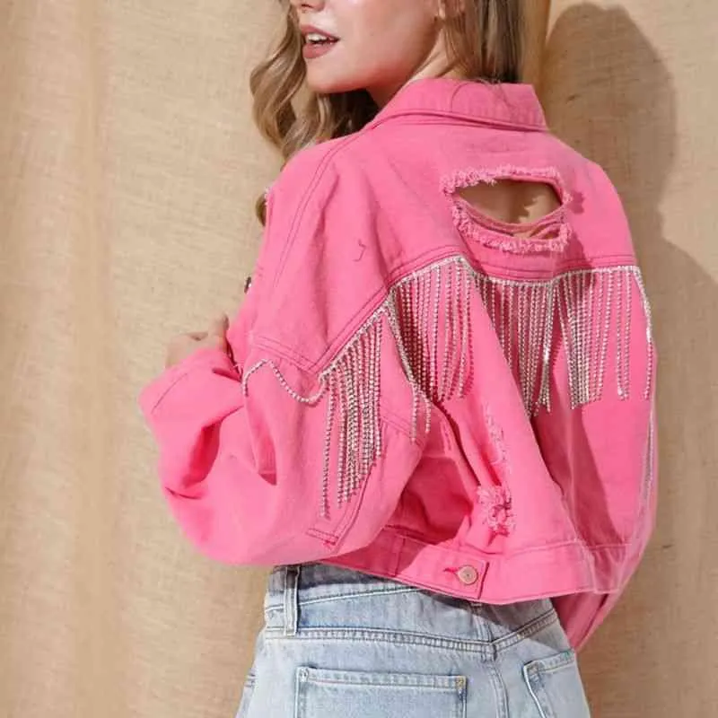 Fringe Detail Cropped Distressed Denim Jacket