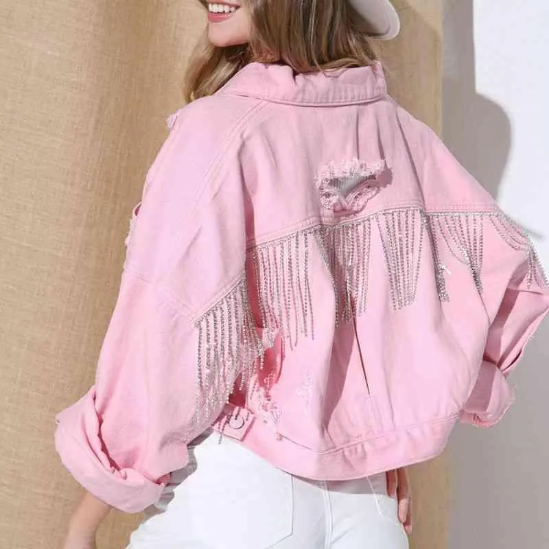 Fringe Detail Cropped Distressed Denim Jacket