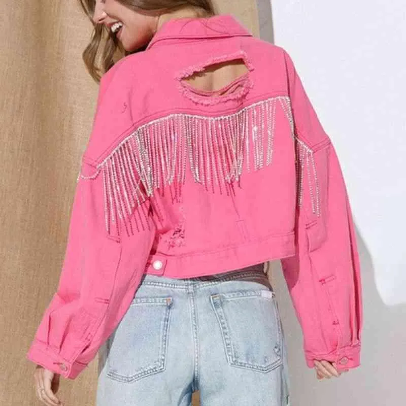 Fringe Detail Cropped Distressed Denim Jacket