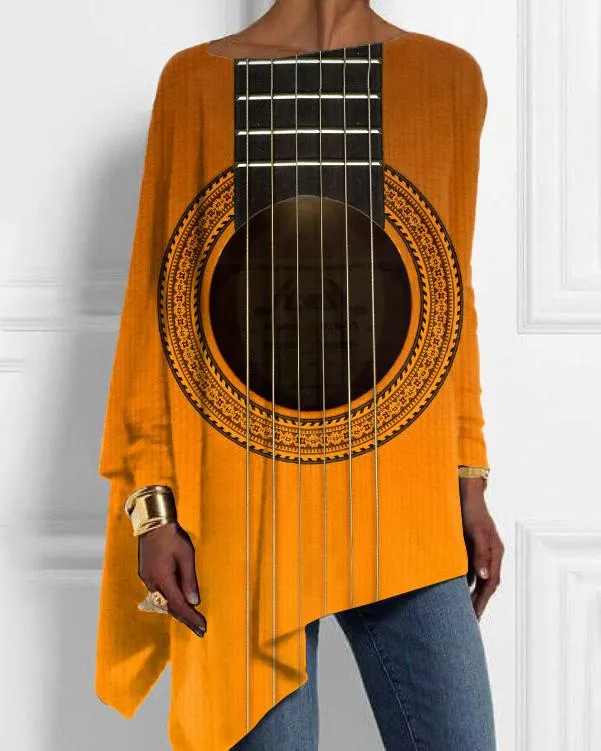 Fun Guitar Print Off-shoulder Irregular Top