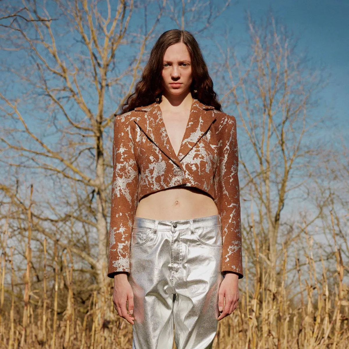 Galaxy Metallic & Brown Cropped Blazer Jacket