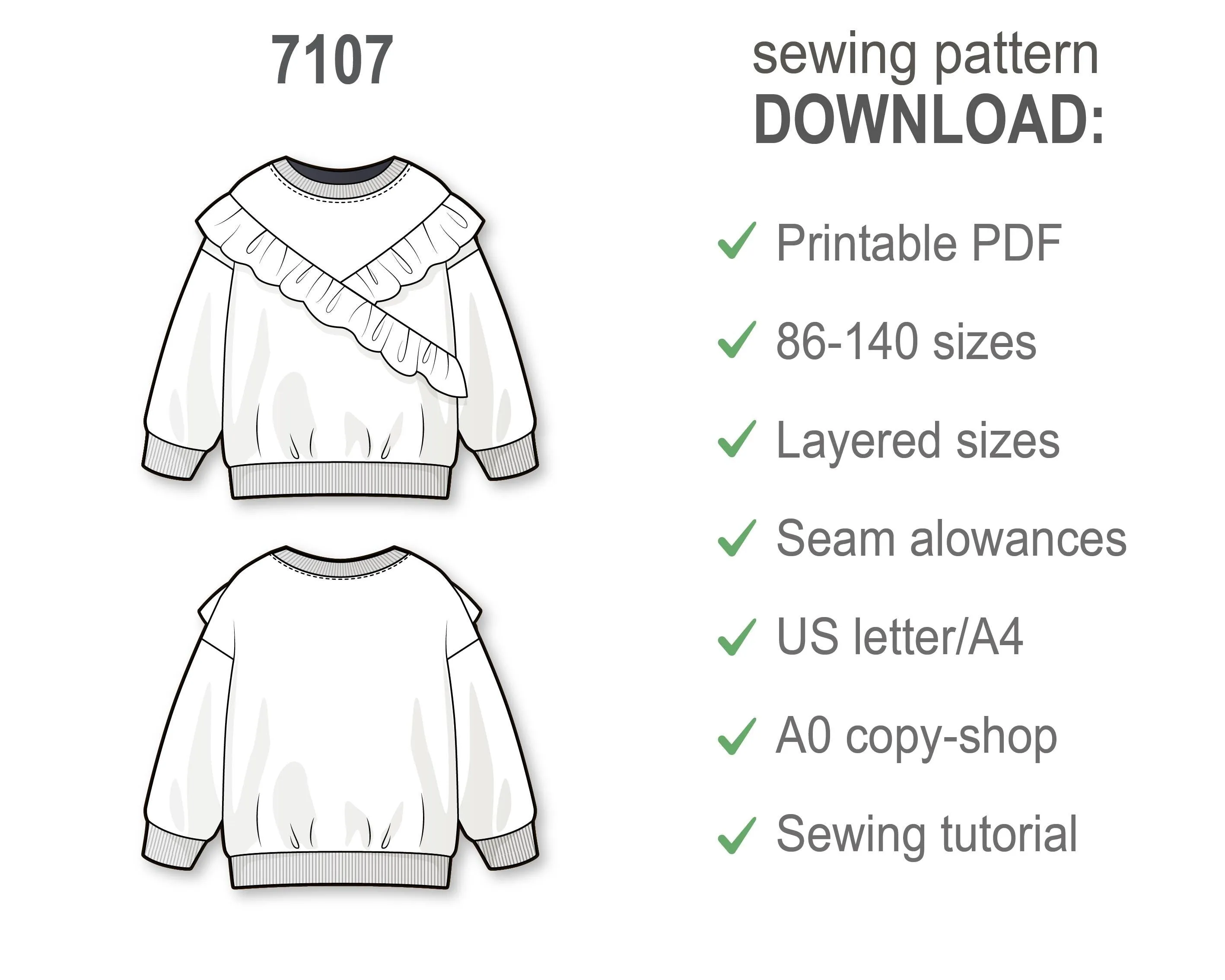 Girls Ruffled Sweatshirt PDF Sewing Pattern, DIY Loose Fit Pullover Top with Frill, Beginner-Friendly Printable Jumper for Kids