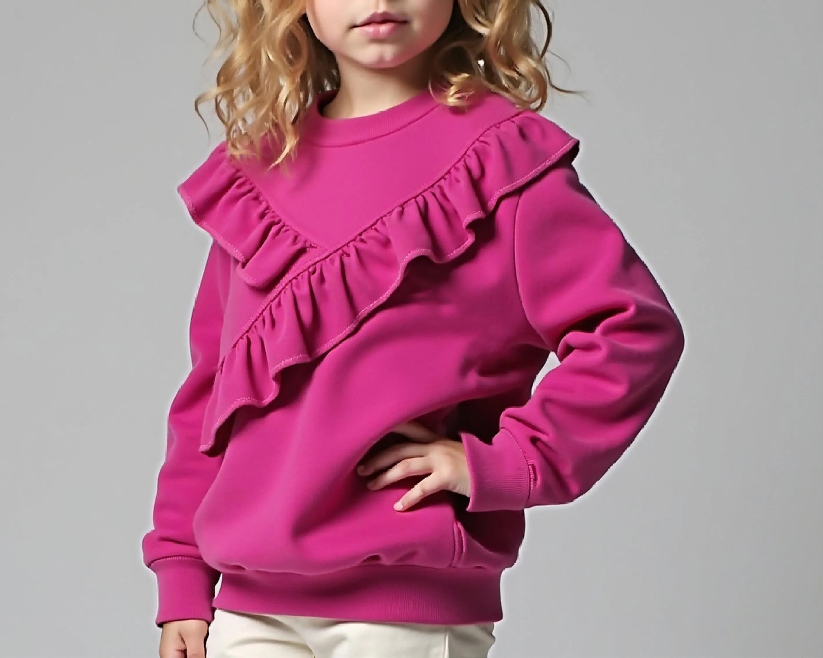 Girls Ruffled Sweatshirt PDF Sewing Pattern, DIY Loose Fit Pullover Top with Frill, Beginner-Friendly Printable Jumper for Kids