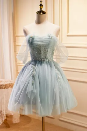 Green Tulle Short A-Line Prom Dress, Off Shoulder Evening Party Dress