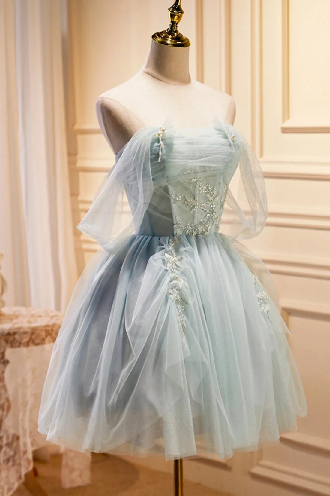 Green Tulle Short A-Line Prom Dress, Off Shoulder Evening Party Dress