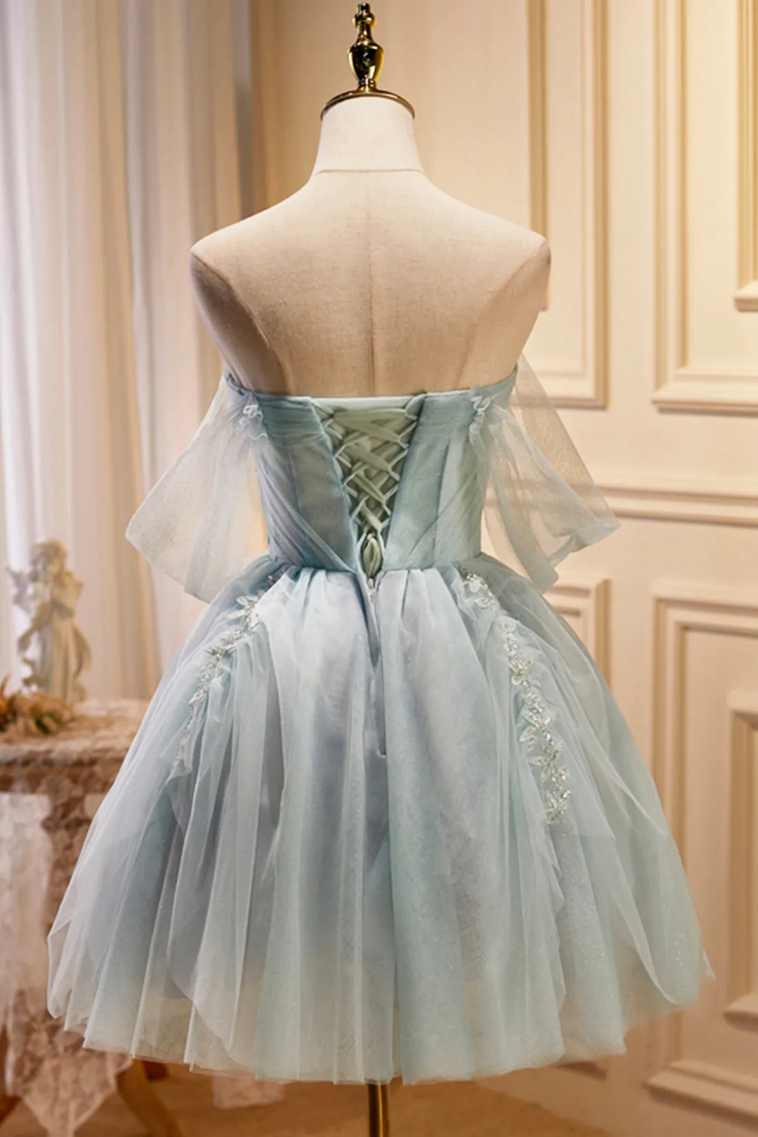 Green Tulle Short A-Line Prom Dress, Off Shoulder Evening Party Dress