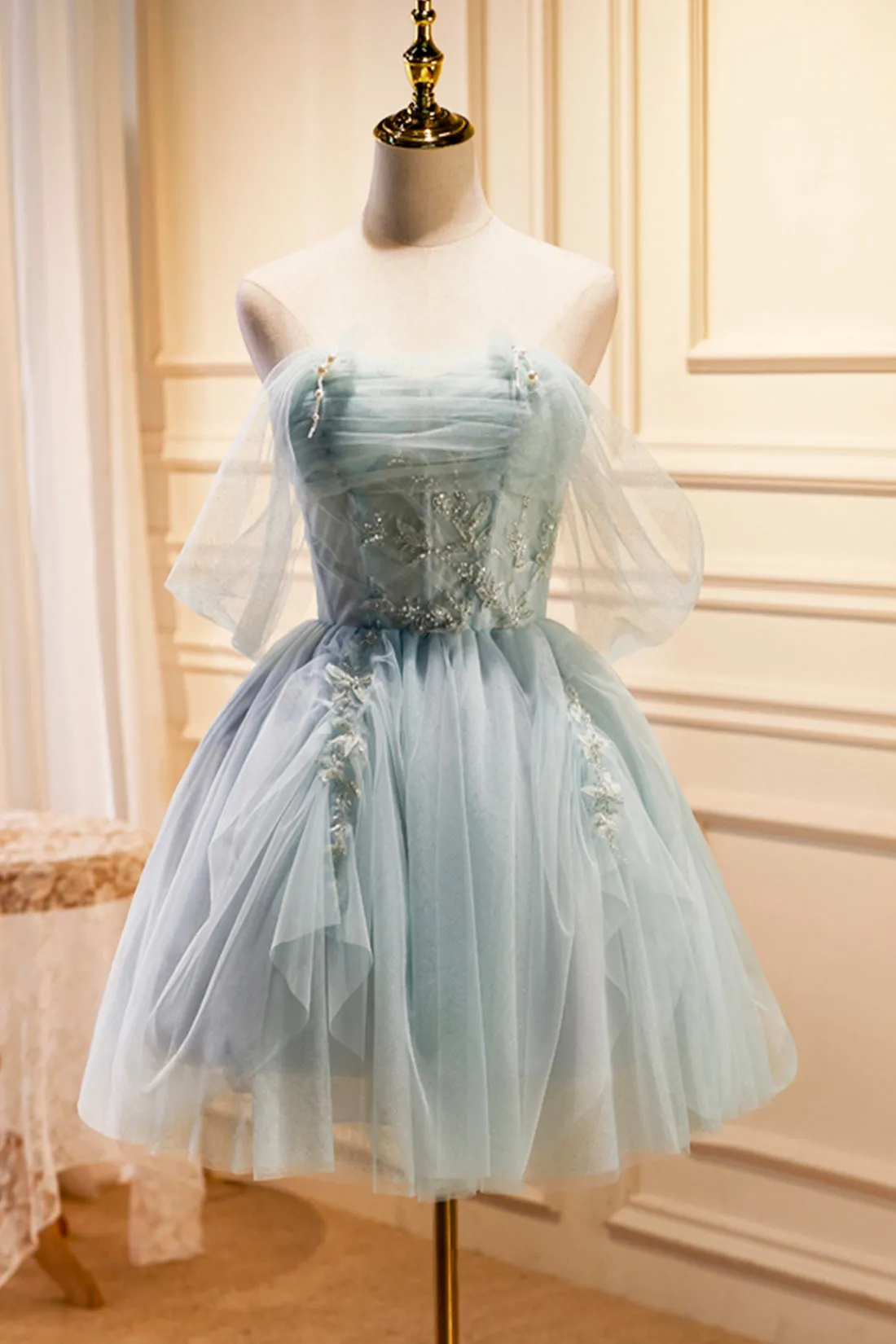Green Tulle Short A-Line Prom Dress, Off Shoulder Evening Party Dress