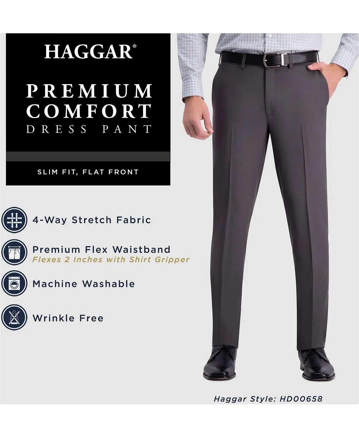 Haggar Mens Slim fit Dress Pants 34 / 32 Grey Solid