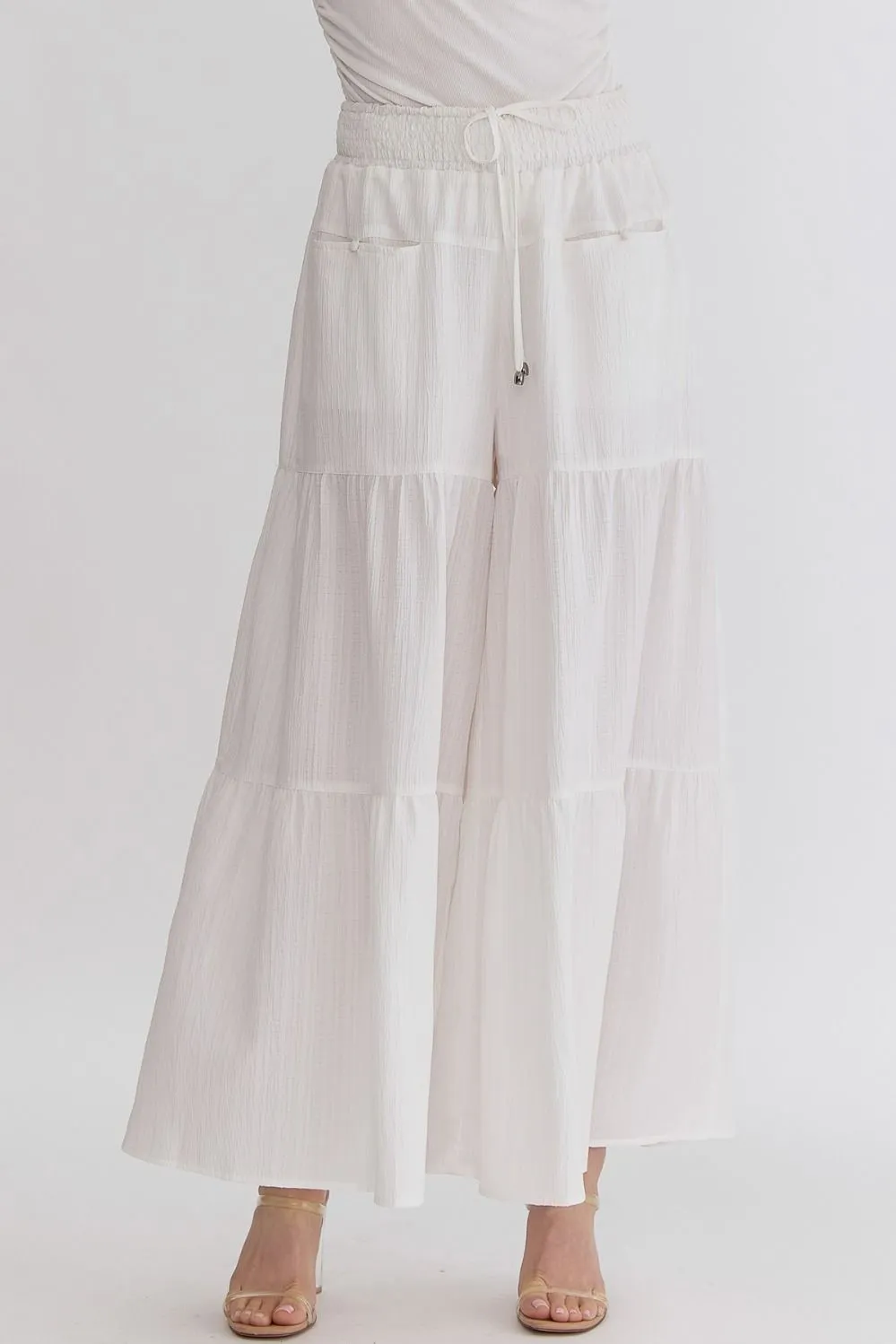High Waist Smocked Waist Tiered White Pants