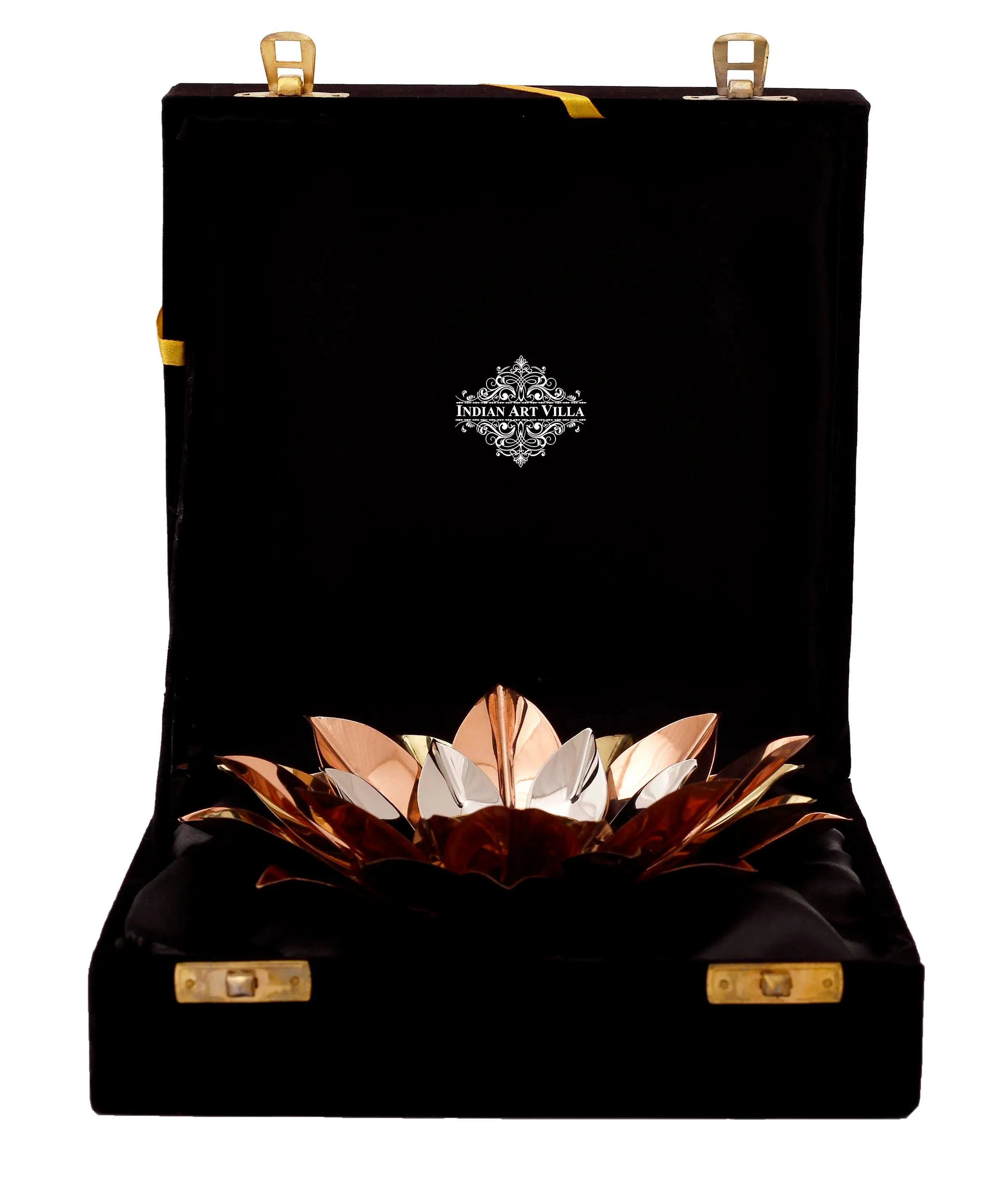 Indian Art Villa Pure Copper Lotus Design Tea Light Candle Diya / Deepak With Black Velvet Gift Box, Colour-Gold, Silver & Brown, Width-20.32 cm
