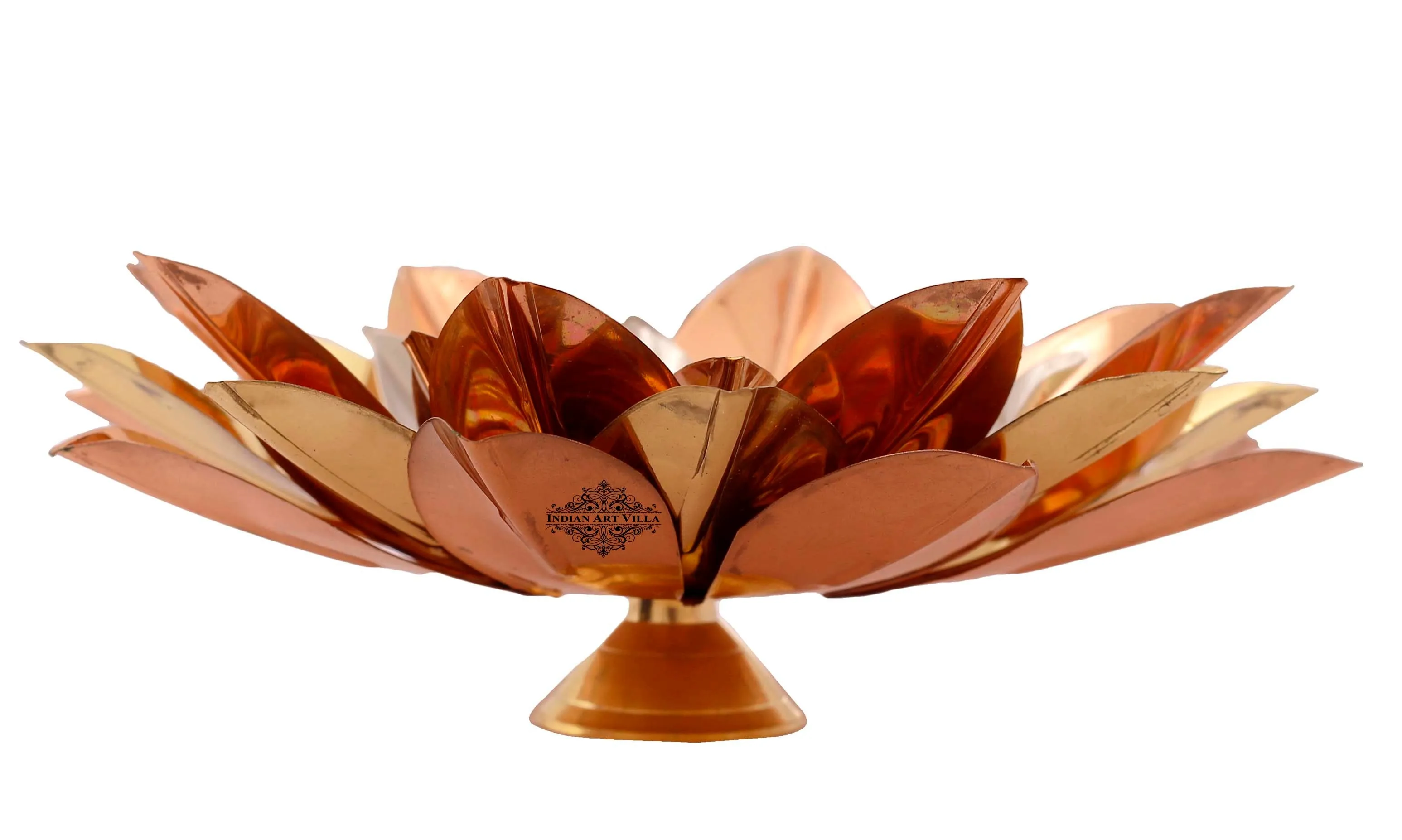 Indian Art Villa Pure Copper Lotus Design Tea Light Candle Diya / Deepak With Black Velvet Gift Box, Colour-Gold, Silver & Brown, Width-20.32 cm