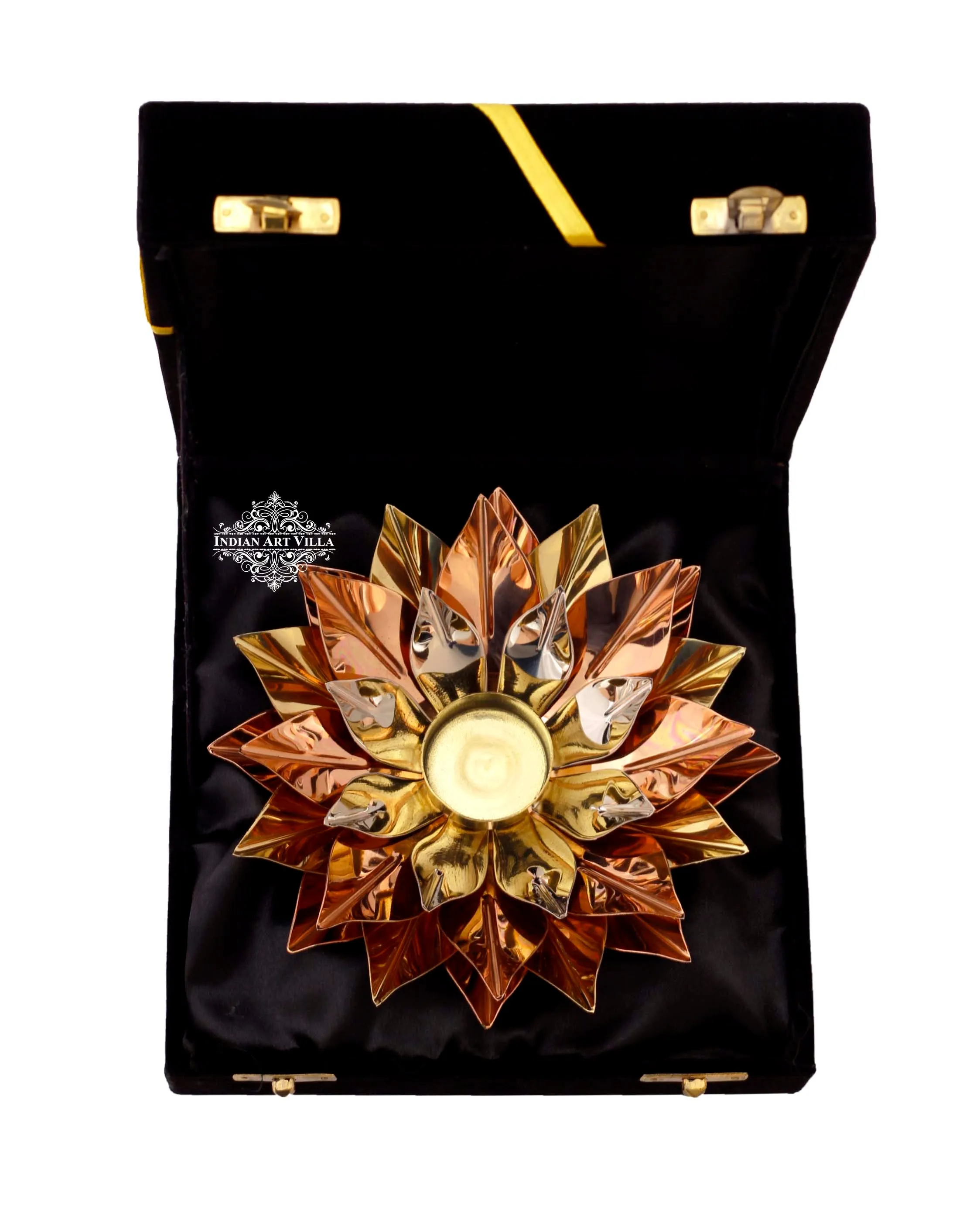 Indian Art Villa Pure Copper Lotus Design Tea Light Candle Diya / Deepak With Black Velvet Gift Box, Colour-Gold, Silver & Brown, Width-20.32 cm