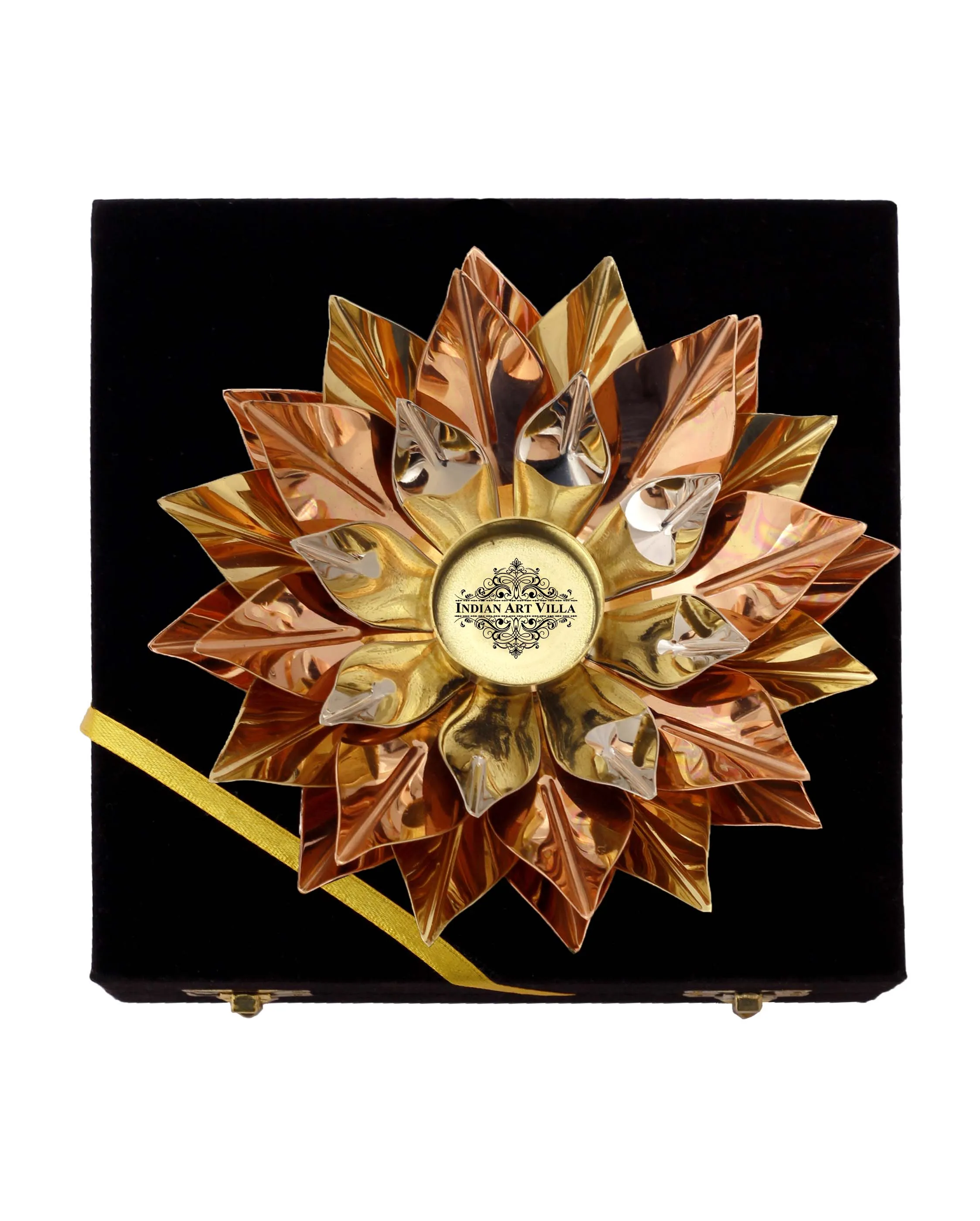 Indian Art Villa Pure Copper Lotus Design Tea Light Candle Diya / Deepak With Black Velvet Gift Box, Colour-Gold, Silver & Brown, Width-20.32 cm
