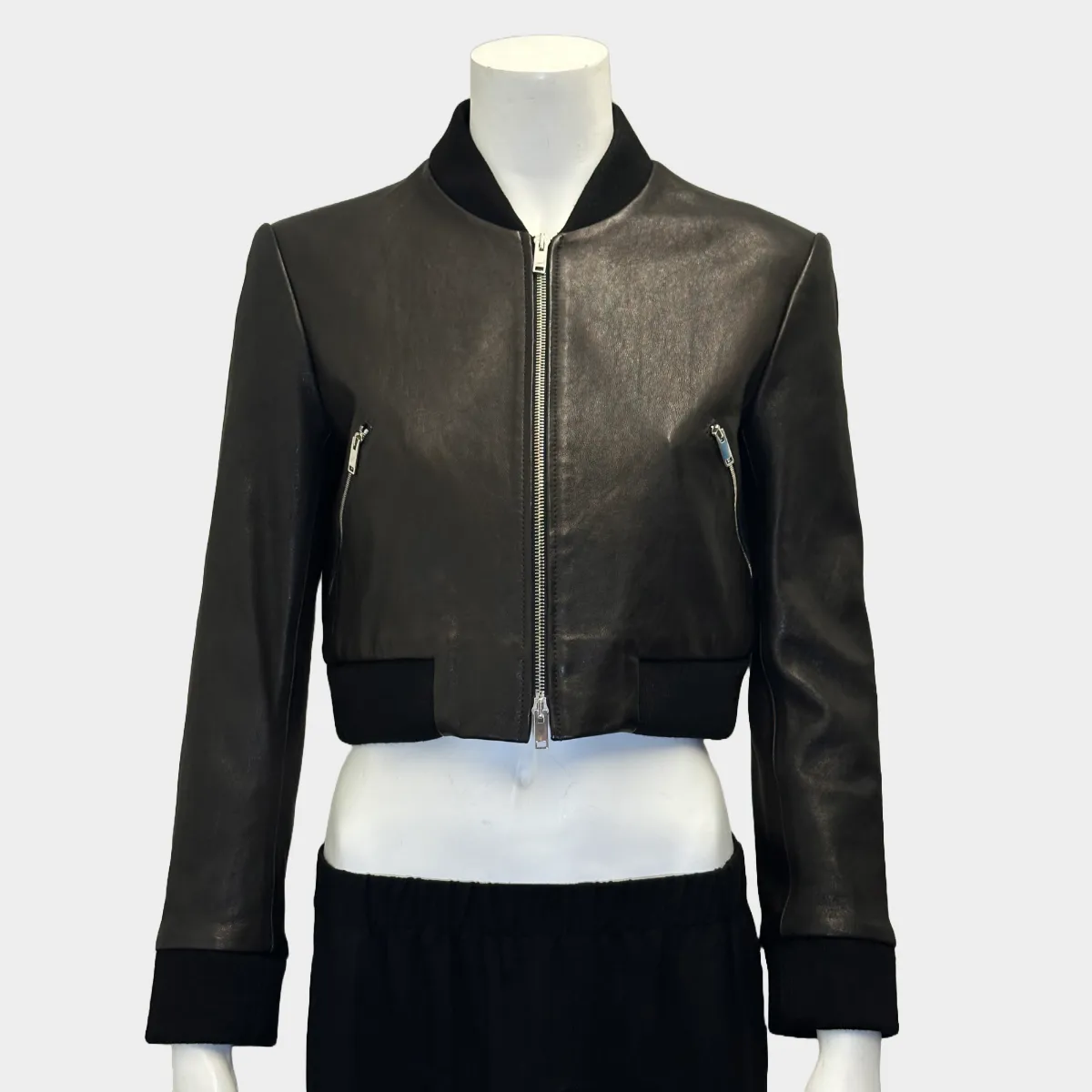Khaite black leather cropped bomber jacket