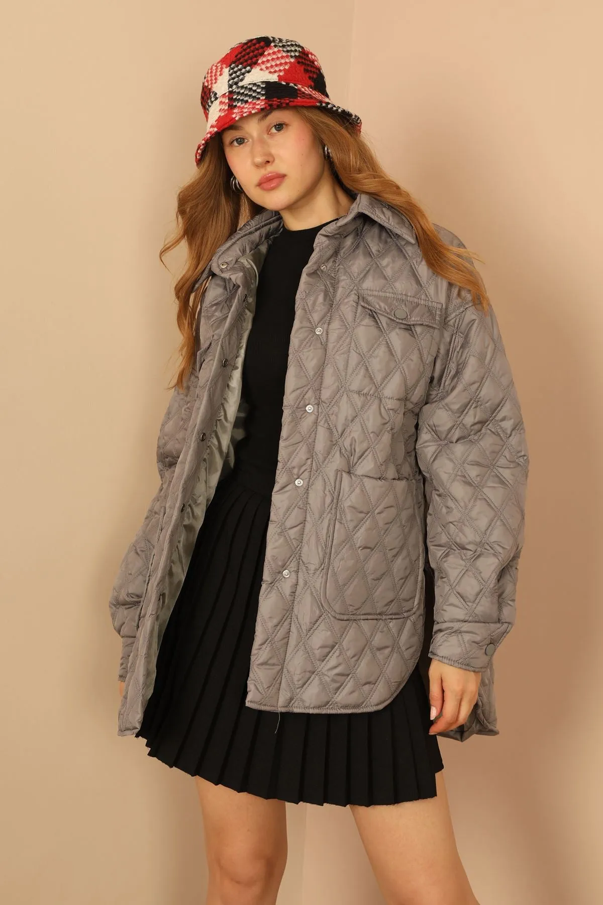 KKT Quilted Fabric Double Stitch Pattern Women Coats-Grey - New Albany