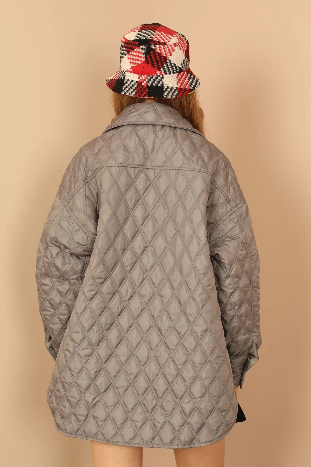 KKT Quilted Fabric Double Stitch Pattern Women Coats-Grey - New Albany
