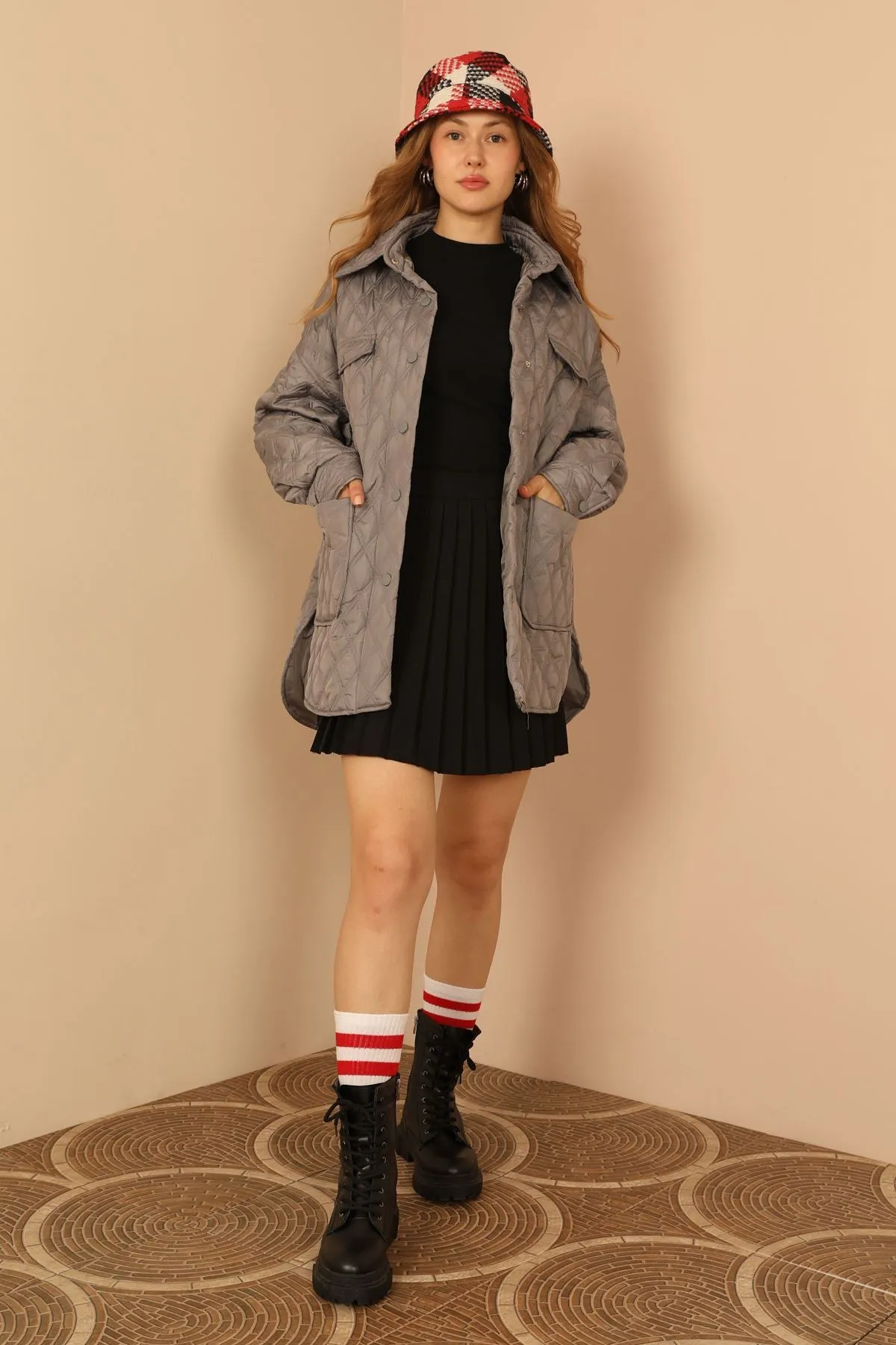 KKT Quilted Fabric Double Stitch Pattern Women Coats-Grey - New Albany