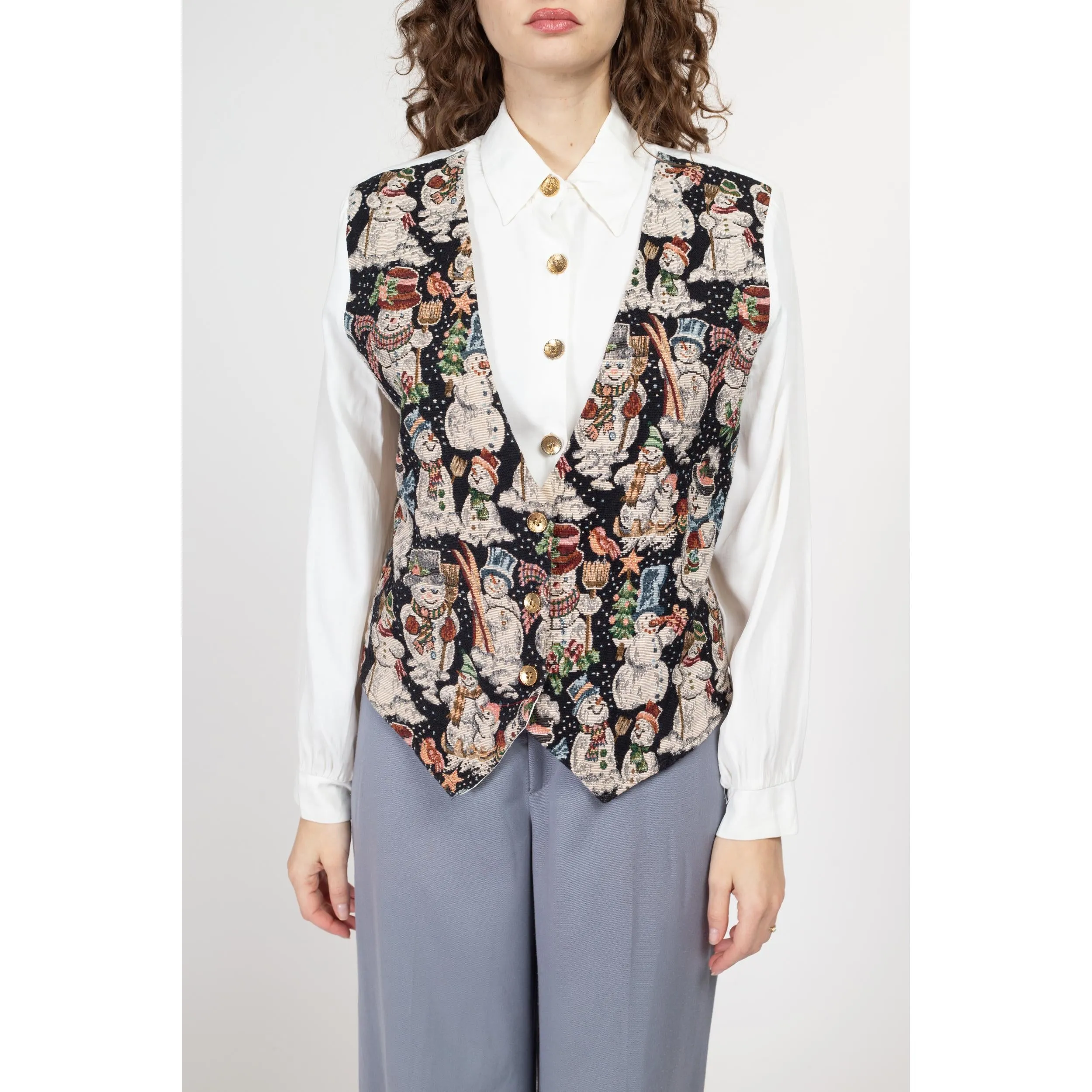 Large 80s Snowman Tapestry Vest Blouse