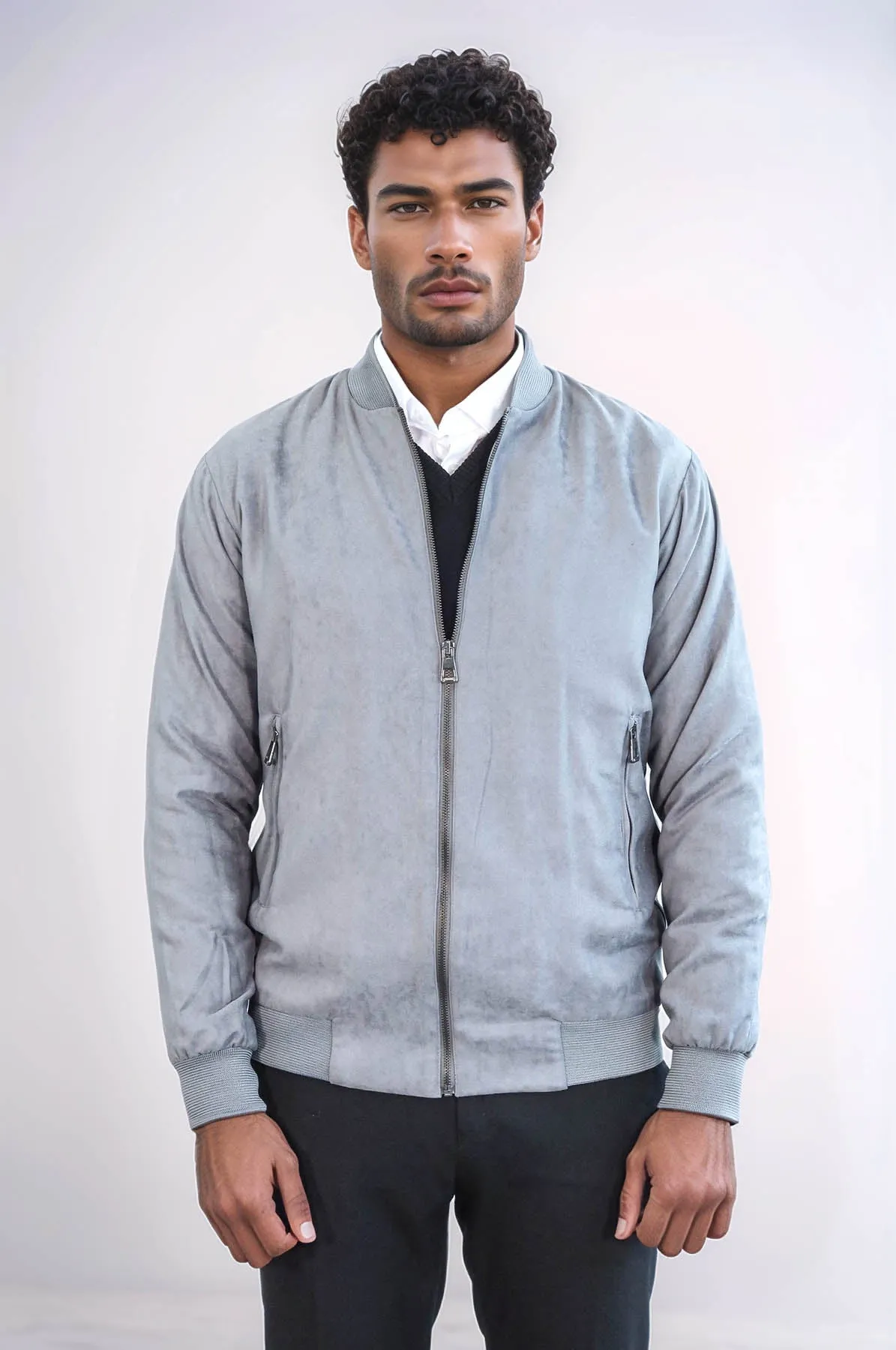 Plain Zippered Pockets Grey Men Bomber Coat - Wessi