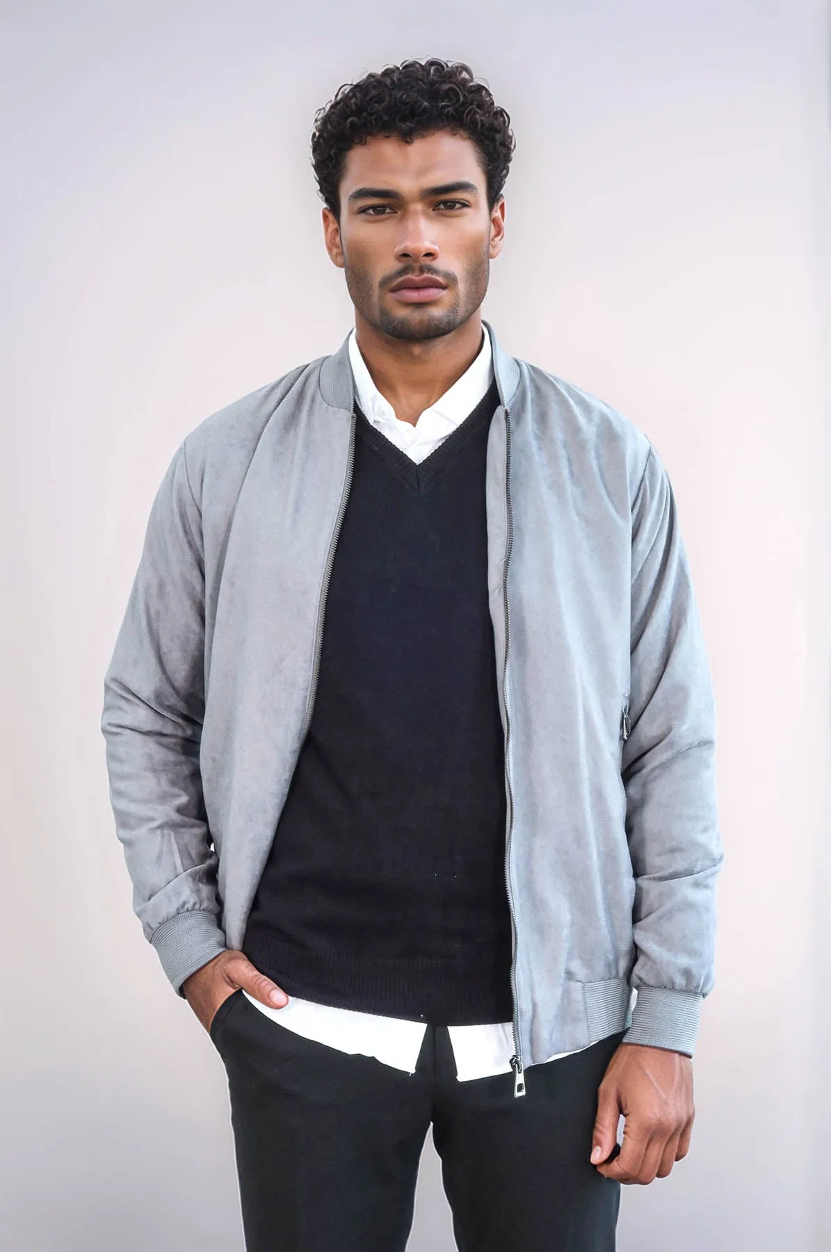 Plain Zippered Pockets Grey Men Bomber Coat - Wessi