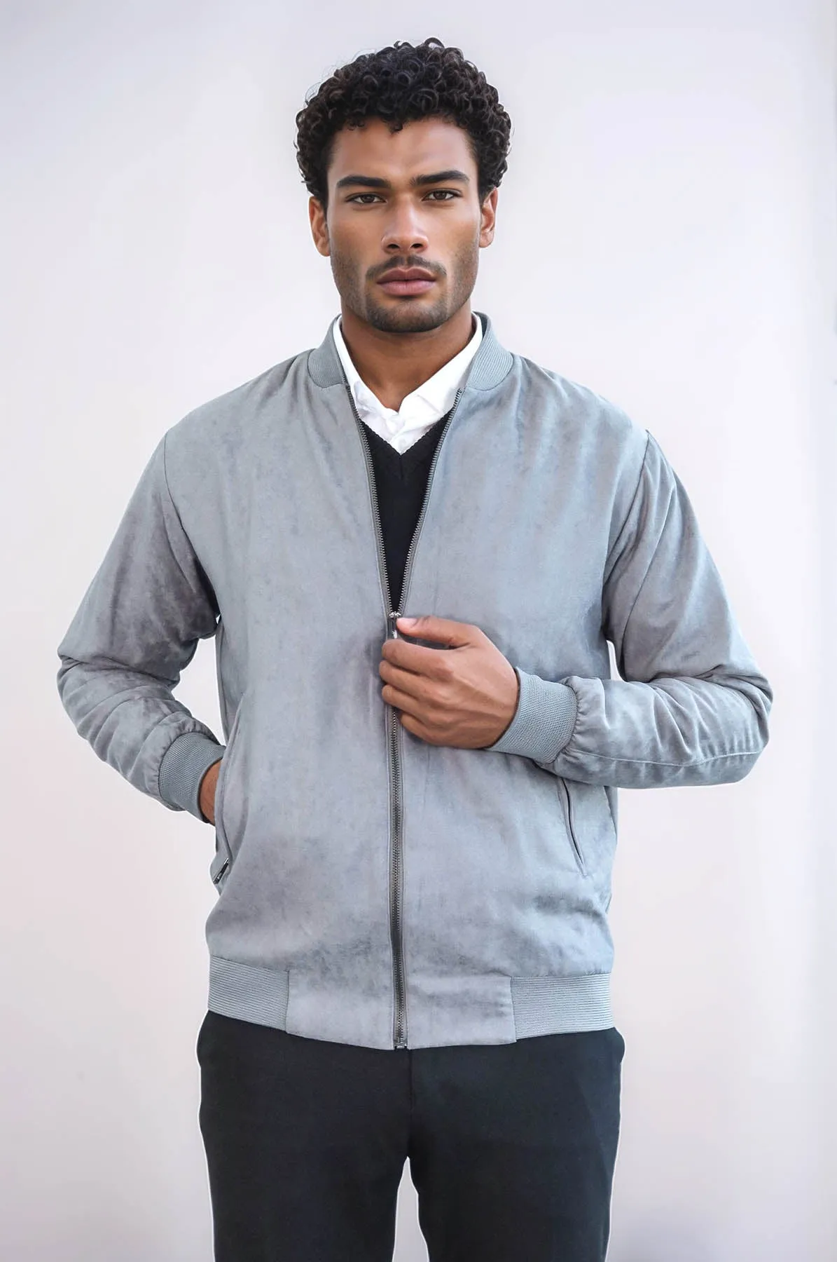 Plain Zippered Pockets Grey Men Bomber Coat - Wessi