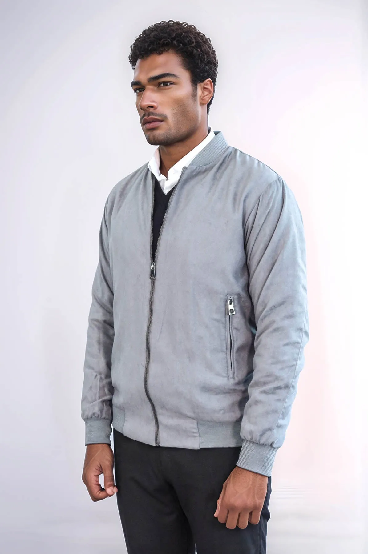 Plain Zippered Pockets Grey Men Bomber Coat - Wessi
